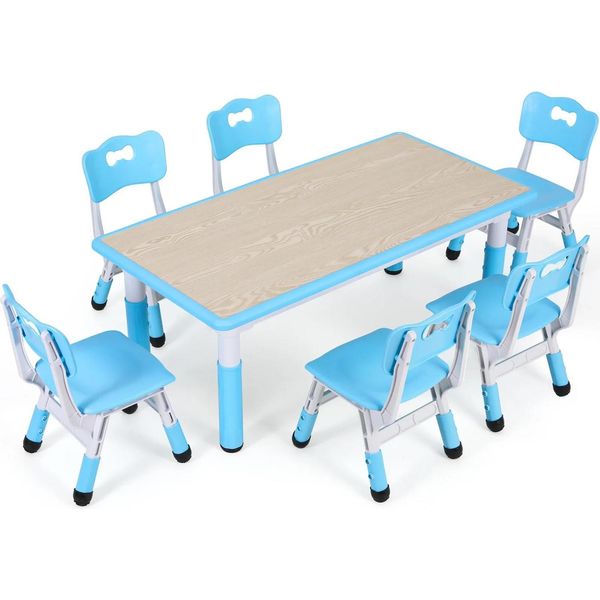 Tavolo Per Bambini Con 6 Sedie - Set Rettangolare - Altezza Regolabile 48-60 Cm - Tavolo 120 X 60 Cm - Per Bambini Da 2 A 10 Anni - Composito Plastica-Legno - Blu-image