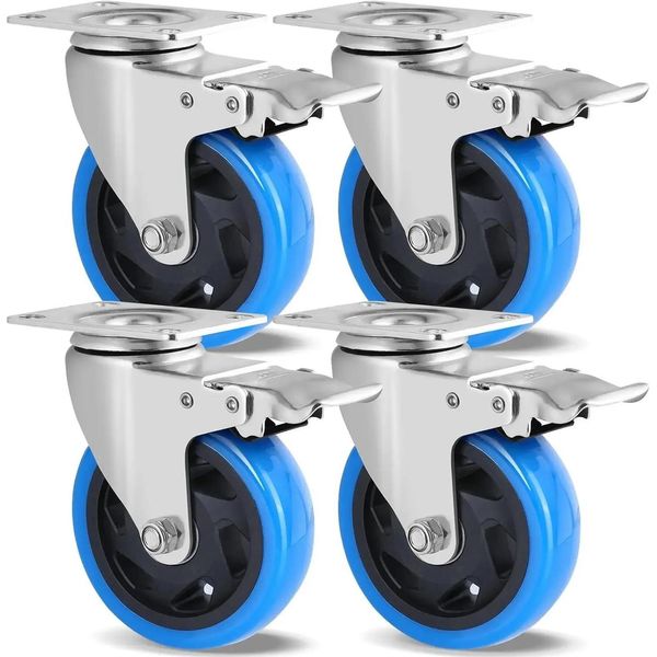 Set Di 4 - Ruote Piroettanti Per Mobili - 100 Mm (10 Cm) - Con Freno - Per Uso Intensivo - Silenziose E Antitraccia - Gomma - Blu-image