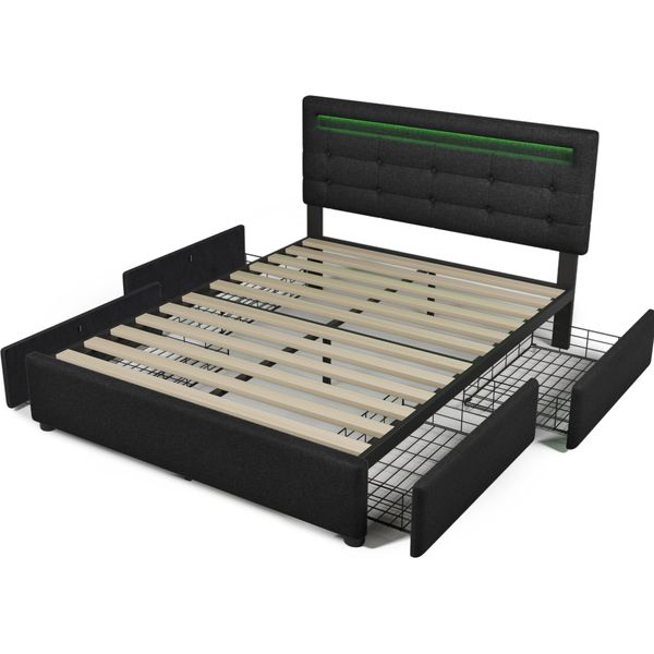 Struttura Letto Con Illuminazione Led E 4 Cassetti, Letto Matrimoniale Imbottito 140X200Cm, Testata Regolabile In Altezza, Rete A Doghe In Legno, (Senza Materasso)-image