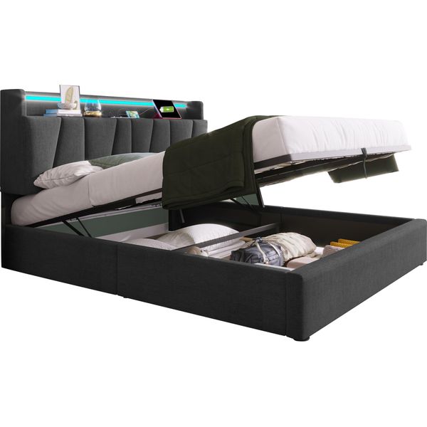 Letto Imbottito Con Funzione Di Ricarica Usb Testata Contenitore E Illuminazione A Led, Letto Matrimoniale 140X200Cm Struttura Letto Contenitore (Senza Materasso)-image