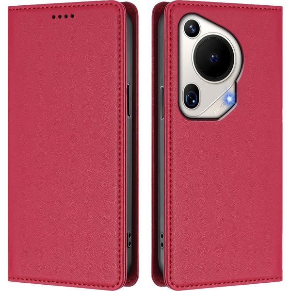 Custodia Per Telefono Cellulare Per Huawei Pura 70 Ultra, Flip Cover In Finto Cuoio Antiurto Magnetica Con Supporto Rosso-image