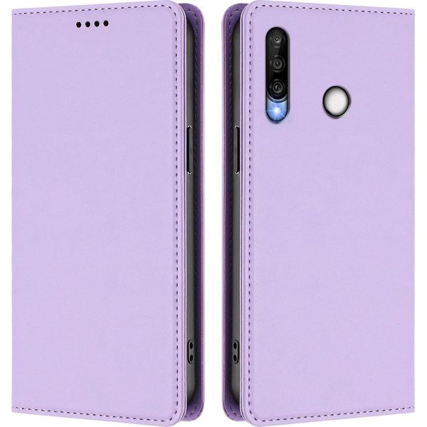 Custodia Per Huawei P30 Lite, Flip Cover In Finto Cuoio Antiurto Magnetica Con Supporto Viola-image