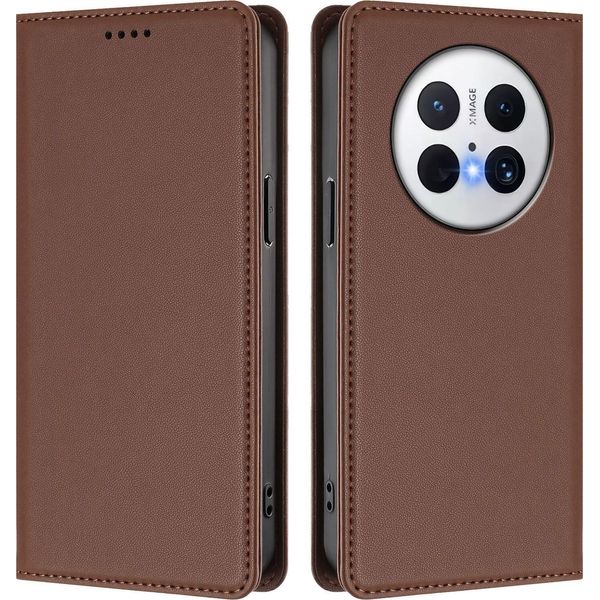 Custodia Per Huawei Mate 70, Flip Cover In Finto Cuoio Antiurto Magnetica Con Supporto Marrone-image