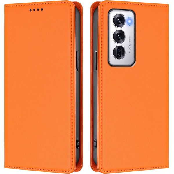 Custodia Per Oppo Reno12 5G, Custodia Magnetica Antiurto Con Supporto In Finto Cuoio Flip Cover Arancione-image