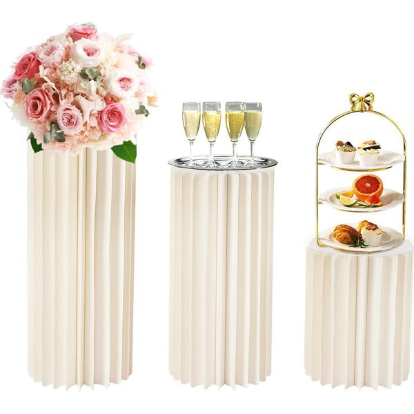 Portafiori Per Matrimonio - Set Di 3 Colonne Con Piedistallo A Cilindro - Cartone Pieghevole - 40/60/80 Cm - Centrotavola Per Dessert - Taglia M - Bianco-image