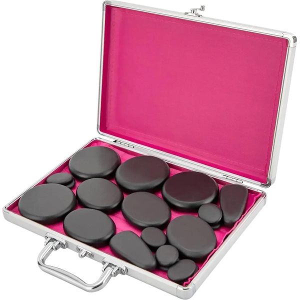 Set Per Massaggio Con Pietre Calde - 18 Pietre Vulcaniche Con Scatola Riscaldante - 60-70 °C - Spina Ue 220 V - Tempo Di Riscaldamento 20-30 Min - Dimensioni Scatola 32×25×6,5 Cm - Lega Di Alluminio-image