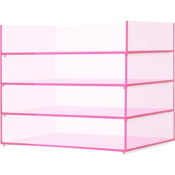 Organizer Da Scrivania - Cassettiera A 4 Ripiani - Acrilico - Cassetti Estraibili - Rettangolare - Per Ufficio E Cosmetici - Rosa-image