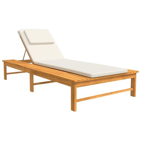 Lettino Prendisole Con Cuscino Bianco Crema E Cuscino In Legno Massiccio Di Acacia-image