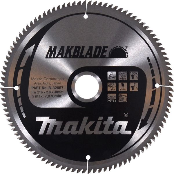 Lama Per Sega Circolare Makita Tct In Metallo Duro Makblade Tct - 216 X 30 Mm - 100 Denti - Legno-image
