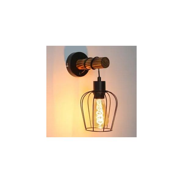 Zmh Applique Retro Legno Interno Lampada Da Parete 1 Fiamma Retro Metallo Nero Per Corridoio Camera Da Letto Soggiorno-image
