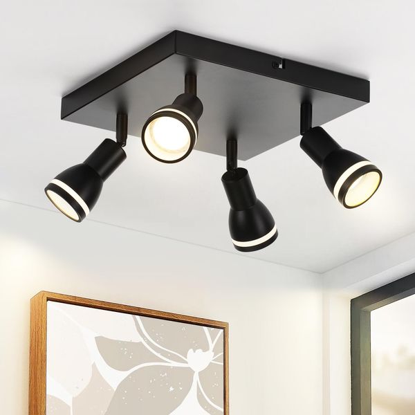 Zmh Led Plafoniera 4 Fiamme Illuminazione Soffitto Nero GU10 Orientabile Parete Faretto Interno Metallo Per Corridoio Cucina Camera Da Letto, Senza Lampadine-image