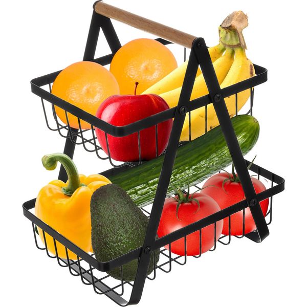 Cesto Per Frutta Etagere Cesto Salvaspazio A 2 Livelli Per Frutta E Verdura Contenitore Per Frutta Cucina Metallo Nero 24265-image