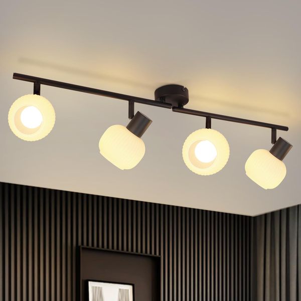 Zmh Faretto Da Soffitto 4 Fiamme Plafoniera Soggiorno Lampada Da Soffitto Nero Faretto Interno Vintage Vetro Soffitto Spot E14 Moderno 350° Girevole Spot Per Camera Da Letto Corridoio (Senza Lampadine)-image