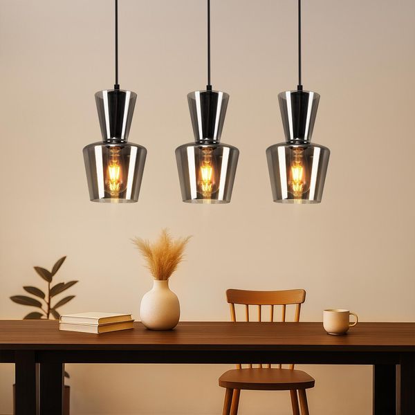 Zmh Lampada A Sospensione Tavolo Da Pranzo Cucina Lampada A Sospensione Soggiorno E27 Tavolo Da Pranzo Lampada A Sospensione Grigio Fumo 3 Fiamme Vetro Lampada A Sospensione Vintage Sala Da Pranzo Retrò Rotonda Per La Cucina (Senza Lampadina)-image