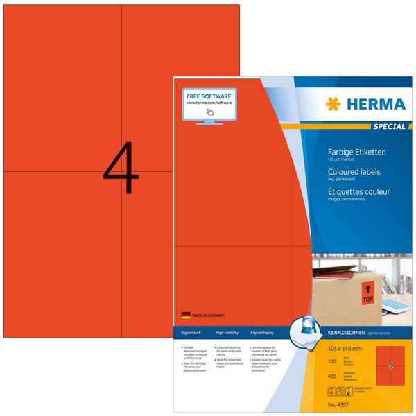 Herma Superprint - Etichette Autoadesive - Rosso - A6 (105 X 148 Mm) - 400 Pezzi (100 Fogli X 4) (4397)-image