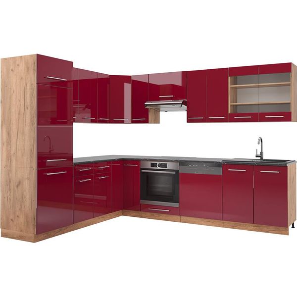 Vicco Cucina Angolare Completa Fame-Line, 227 X 287 Cm Senza Piano Di Lavoro, Bordeaux Lucido/Rovere Dorato/Quercia Dorata-image