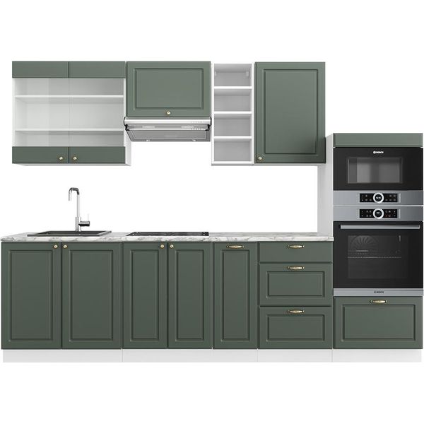 Vicco Cucina Componibile Fame-Line, 280 Cm Senza Piano Di Lavoro, Verde-Oro Country House/Bianco-image
