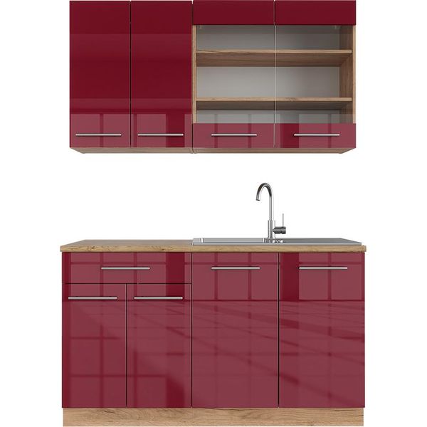 Vicco Cucina Completa Fame-Line, 140 Cm Senza Piano Di Lavoro, Bordeaux Lucido/Rovere Oro-image