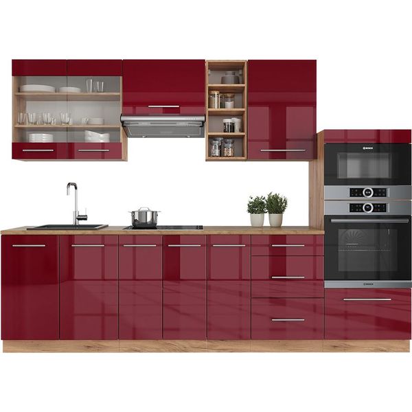 Vicco Cucina Componibile Fame-Line, 280 Cm Senza Piano Di Lavoro, Bordeaux Lucido/Rovere Oro-image