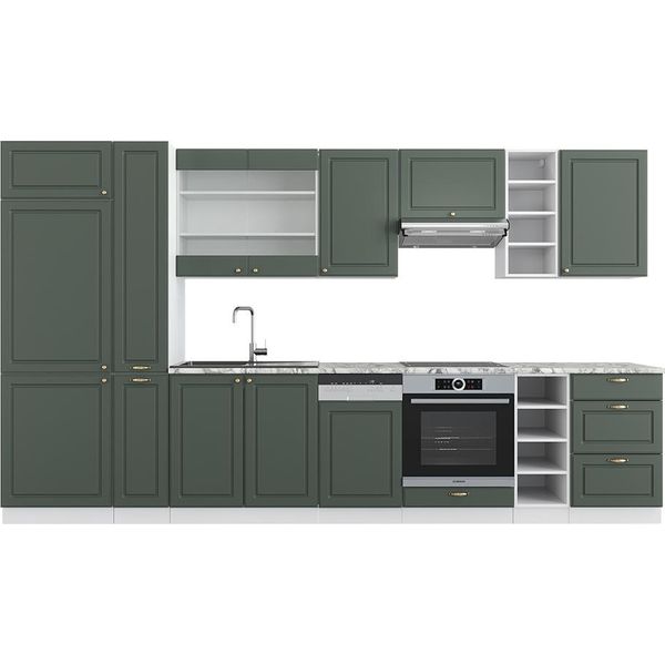 Vicco Cucina Componibile Fame-Line, 355 Cm Senza Piano Di Lavoro, Verde-Oro Country House/Bianco/Bianco-image