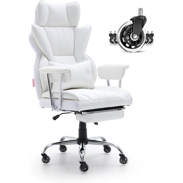 Vevor Sedia Da Ufficio Sedia Direzionale In Finto Cuoio Bianca Con Poggiapiedi, Sedia Girevole Da Scrivania Regolabile In Altezza 0-80 Mm, Portata 181,43 Kg, Sedia Direzionale Da Ufficio 860 X 610 Mm Schienale Girevole-image