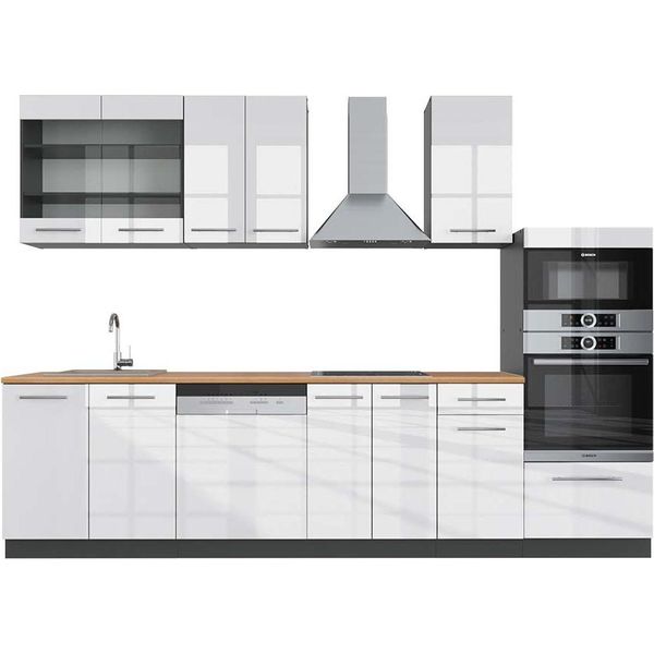 Vicco Cucina Componibile Fame-Line, 300 Cm Con Armadio Alto, Pt Rovere, Bianco Lucido/Antracite-image
