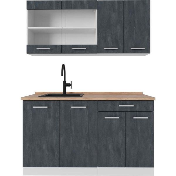 Vicco Cucina Monoblocco R-Line, 140 Cm Pt Rovere, Nero Cemento/Bianco-image