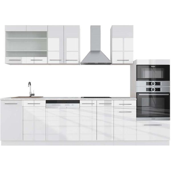 Vicco Cucina Componibile Fame-Line, 300 Cm Con Armadio Alto, Pt Marmo, Bianco Lucido/Bianco-image