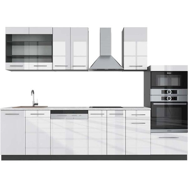 Vicco Cucina Componibile Fame-Line, 300 Cm Con Armadio Alto, Pt Marmo, Bianco Lucido/Antracite-image