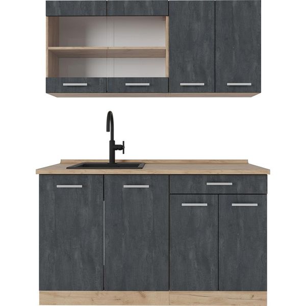 Vicco Cucina Monoblocco R-Line, 140 Cm Pt Rovere, Calcestruzzo Nero/Quercia Dorata-image