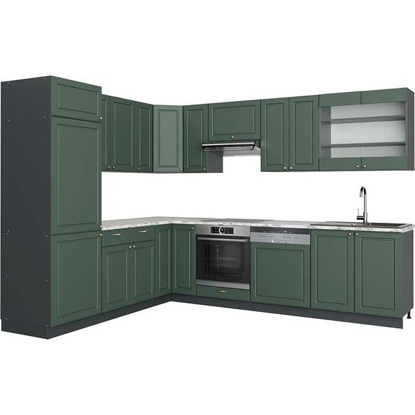 Vicco Cucina Angolare Completa Fame-Line, 227 X 287 Cm , Pt Marmo, Verde-Oro Country House/Antracite-image