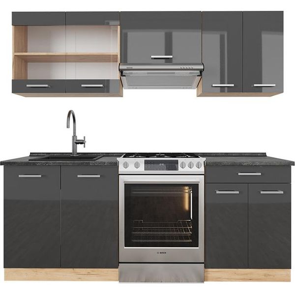 Vicco Cucina Componibile R-Line, 200 Cm , Pt Antracite, Antracite Lucido/Oro Power Oak-image