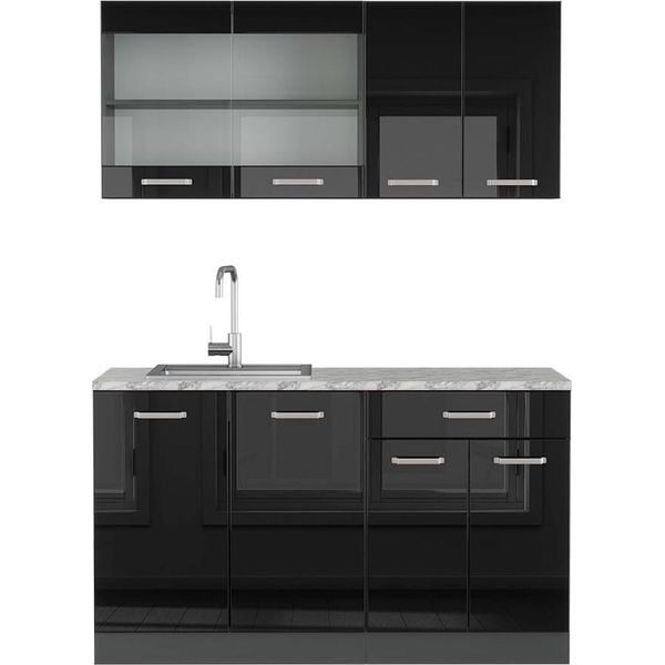Vicco Cucina Monoblocco R-Line, 140 Cm , Pt Marmo, Nero Lucido/Antracite-image
