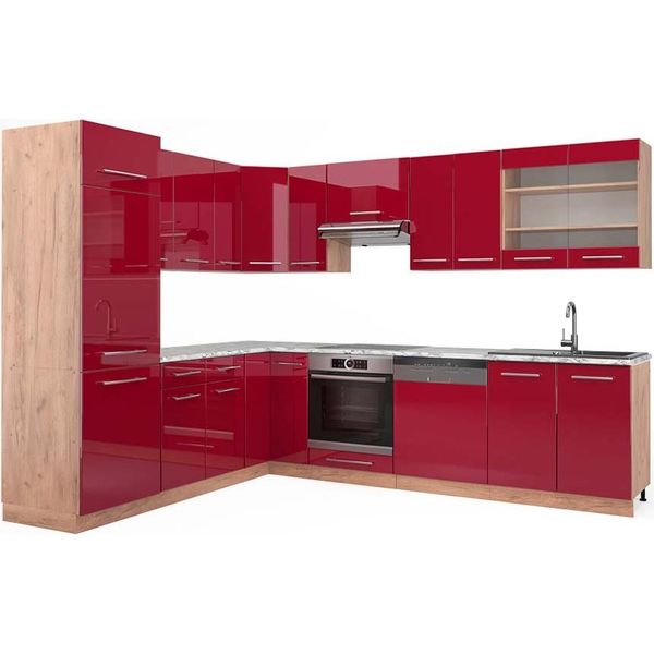 Vicco Cucina Angolare Completa Fame-Line, 227 X 287 Cm , Pt Marmo, Bordeaux Lucido/Rovere Dorato-image