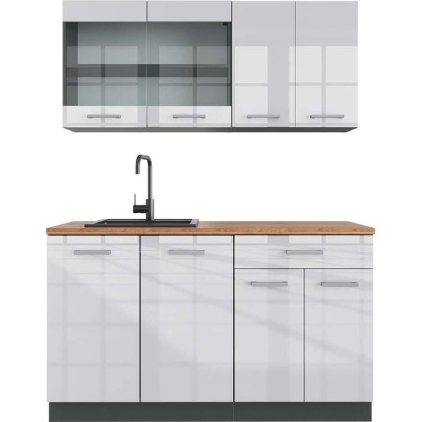 Vicco Cucina Monoblocco R-Line, 140 Cm , Pt Rovere, Bianco Lucido/Antracite-image