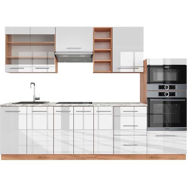 Vicco Cucina Componibile Fame-Line, 280 Cm , Pt Marmo, Bianco Lucido/Oro Power Oak-image