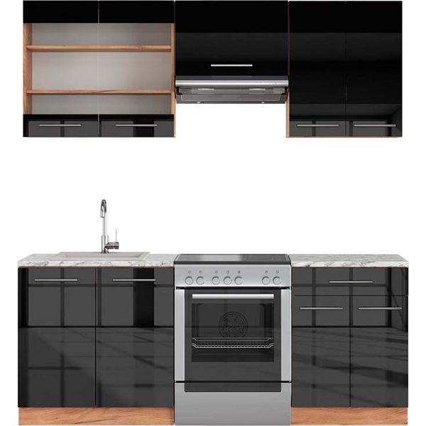 Vicco Cucina Componibile Fame-Line, 200 Cm , Pt Marmo, Antracite Lucido/Oro Power Oak-image