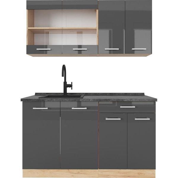 Vicco Cucina Monoblocco R-Line, 140 Cm , Pt Antracite, Antracite Lucido/Oro Power Oak-image