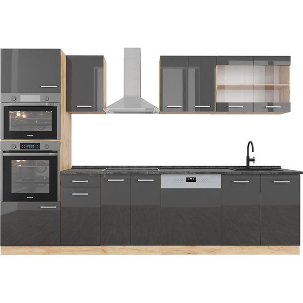 Vicco Cucina Componibile R-Line, 300 Cm Con Armadio Alto, Pt Antracite, Antracite Lucido/Oro Power Oak-image