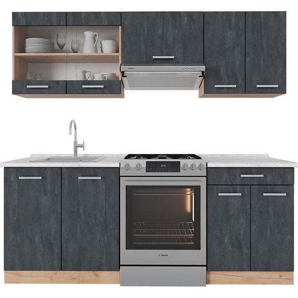Vicco Cucina Componibile R-Line, 200 Cm Pt Marmo, Calcestruzzo Nero/Quercia Dorata-image