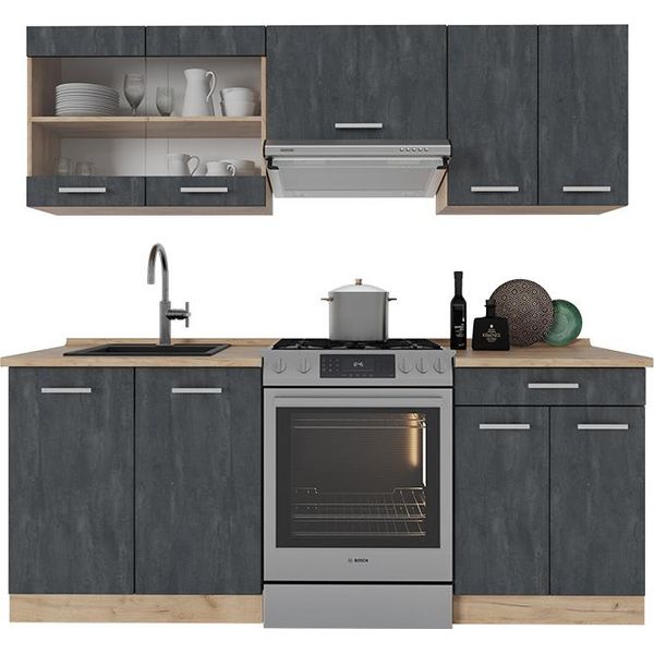 Vicco Cucina Componibile R-Line, 200 Cm Pt Rovere, Calcestruzzo Nero/Quercia Dorata-image