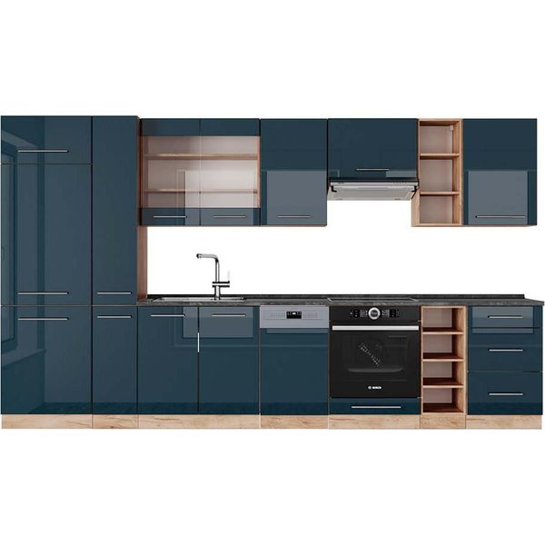 Vicco Cucina Componibile Fame-Line, 355 Cm , Pt Antracite, Blu Scuro Lucido/Rovere Dorato-image