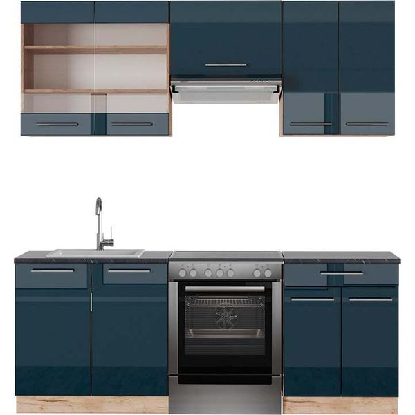 Vicco Cucina Componibile Fame-Line, 200 Cm , Pt Antracite, Blu Scuro Lucido/Rovere Dorato-image