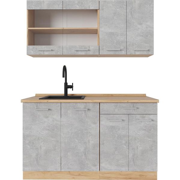 Vicco Cucina Monoblocco R-Line, 140 Cm , Pl Rovere, Calcestruzzo/Quercia Dorata-image