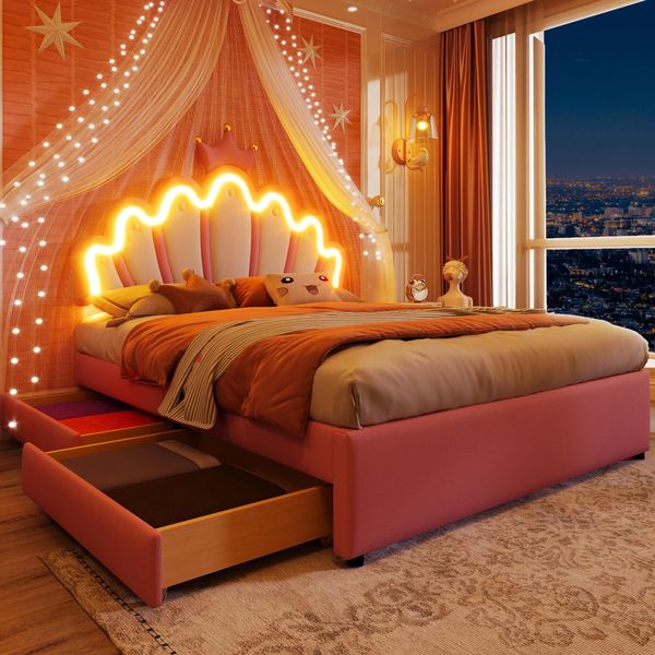 Letto Imbottito Merax 140X200Cm, Letto Da Principessa Con Luci Led, Testata Regolabile, 2 Cassetti, Design A Corona, Pu, Letto Per Bambini, Letto Per Giovani, Rosa-image