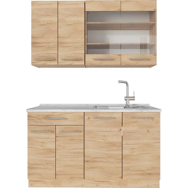Vicco Cucina Monoblocco Fame-Line, 140 Cm , Pl Marmo, Quercia Dorata/Quercia Dorata-image