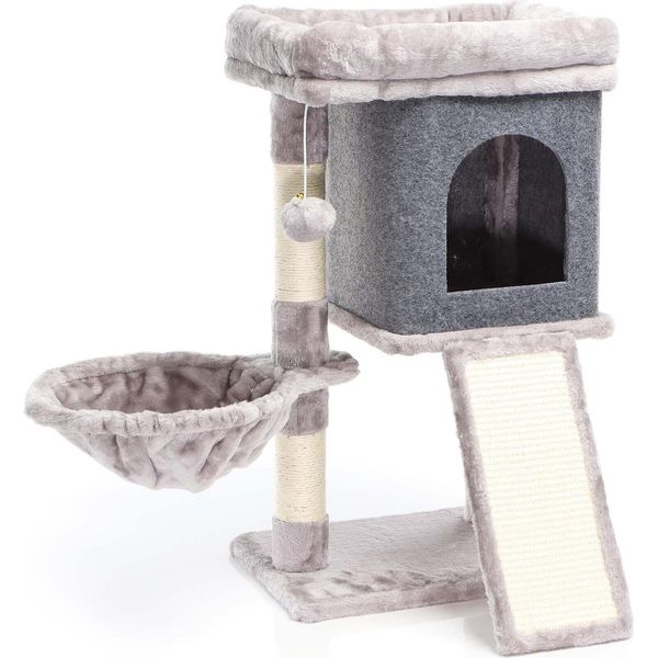 Tiragraffi Fudajo In Grigio Alto 71,5 Cm, Tiragraffi Per Gatti Con Piattaforma Di Osservazione, Albero Per Gatti Con Mangiatoia, Tiragraffi E Casetta, Albero Da Arrampicata Per Gatti-image