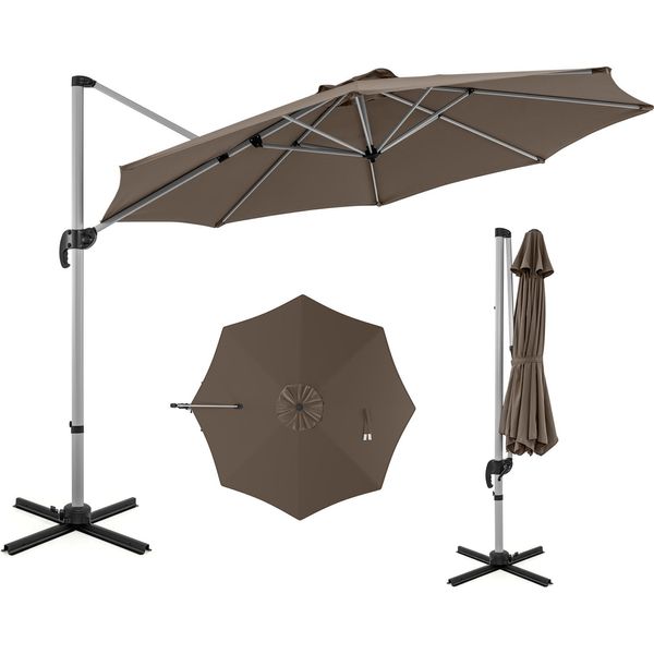 Ombrellone Costway Ø 330 Cm, Ombrellone A Sbalzo Con Manovella, Ruotabile A 360°, Angolo Di Inclinazione Regolabile, Upf 50+, Ombrellone Da Giardino, Ombrellone Da Mercato Marrone-image