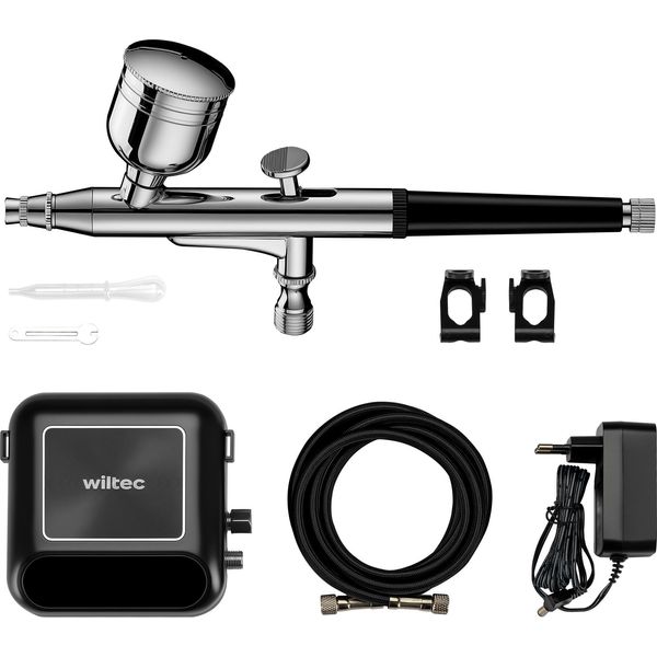 Wiltec HS-A10K Set Di Accessori Per Compressore 2,8 Bar, Set Di Aerografi 12 V, Pistola Per Aerografo Con Ugello Da 0,3 Mm, Compressore D'aria Con Pennello D'aria-image