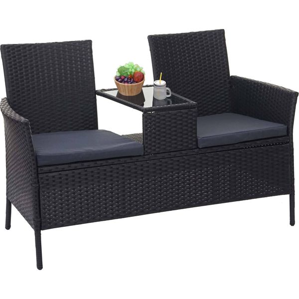 Panca In Poly-Rattan Con Tavolo HWC-E24, Panca Da Giardino Gruppo Di Seduta Divano Da Giardino, 132 Cm ~ Nero, Cuscini Grigio Scuro-image